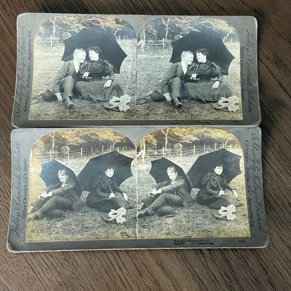 Antique Stereoview Card Lot of 2 Before & After Marriage Couple Umbrellas